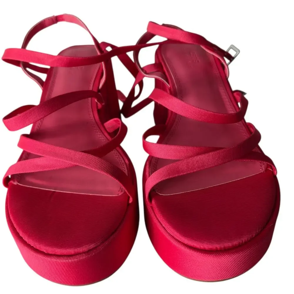 ASOS Design Hoxton Chunky Mid Platform Sandals Pink Fuchsia Grosgrain Ribbon 8